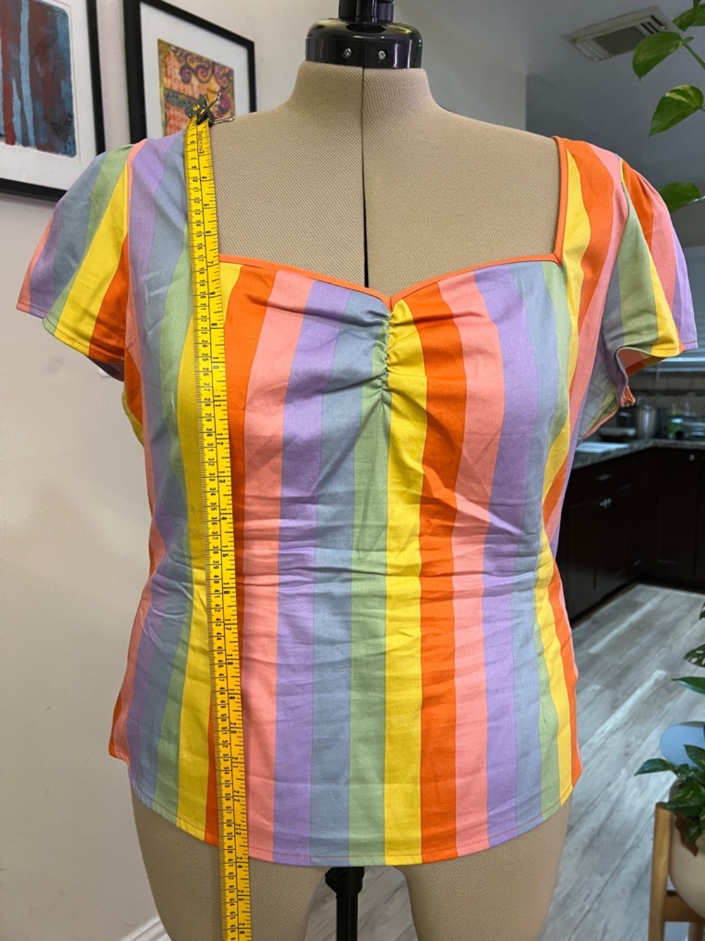 Collectif Rainbow Stripe Sweetheart Blouse in Yellow, Orange, Pink, Purple, Blue - Picture 6 of 7